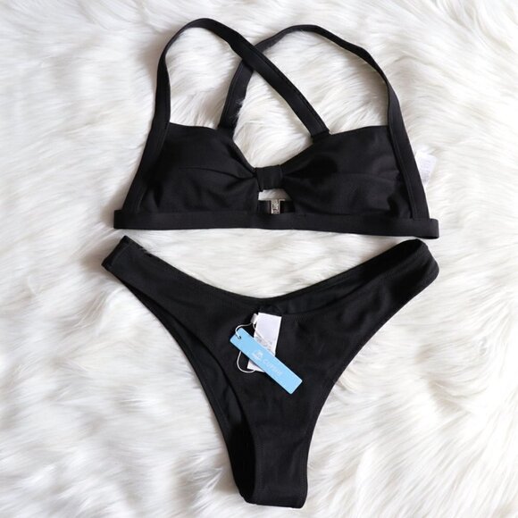 NEW Black Cutout Solid Bikini Bathing Suit Swim Set Size Large Beach Summer Pool - Picture 2 of 8